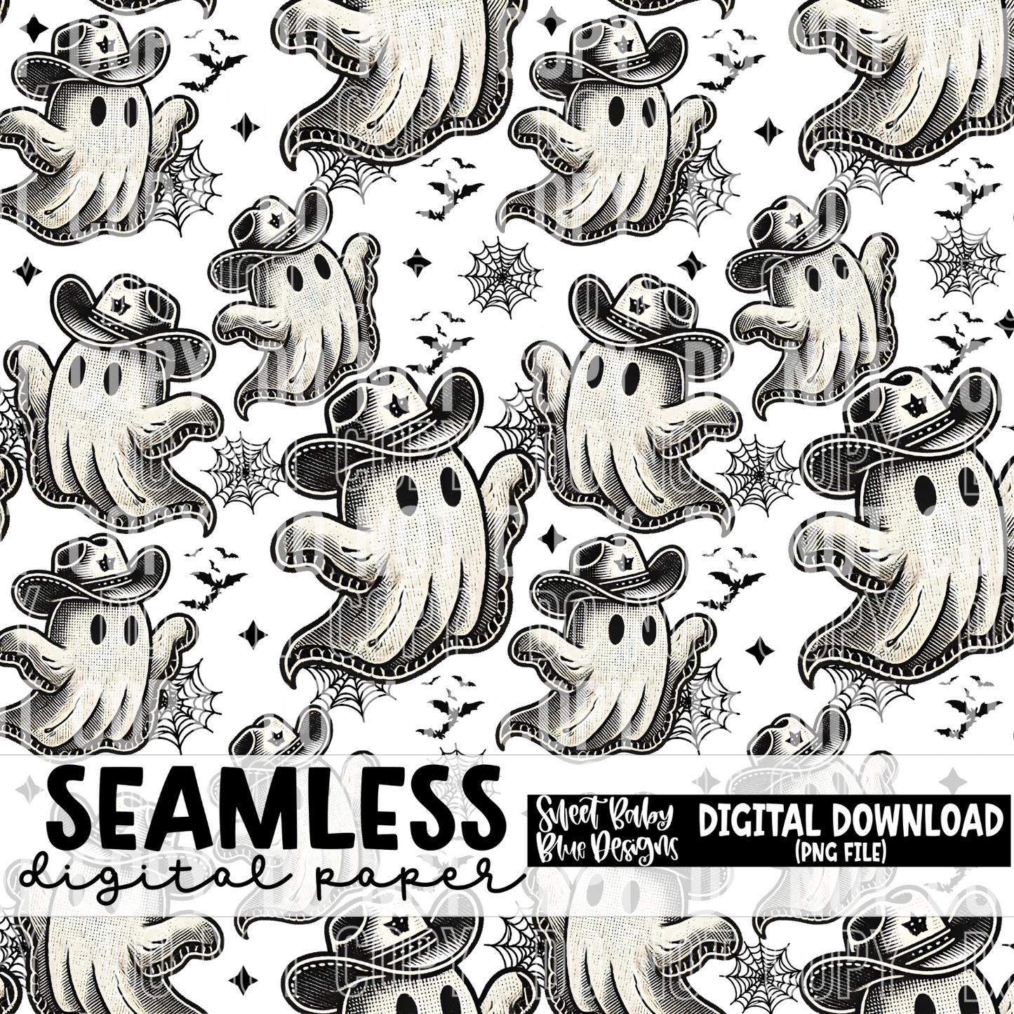 Cowboy ghost- Halloween - Seamless - Digital paper- 2024 - PNG file- Digital Download