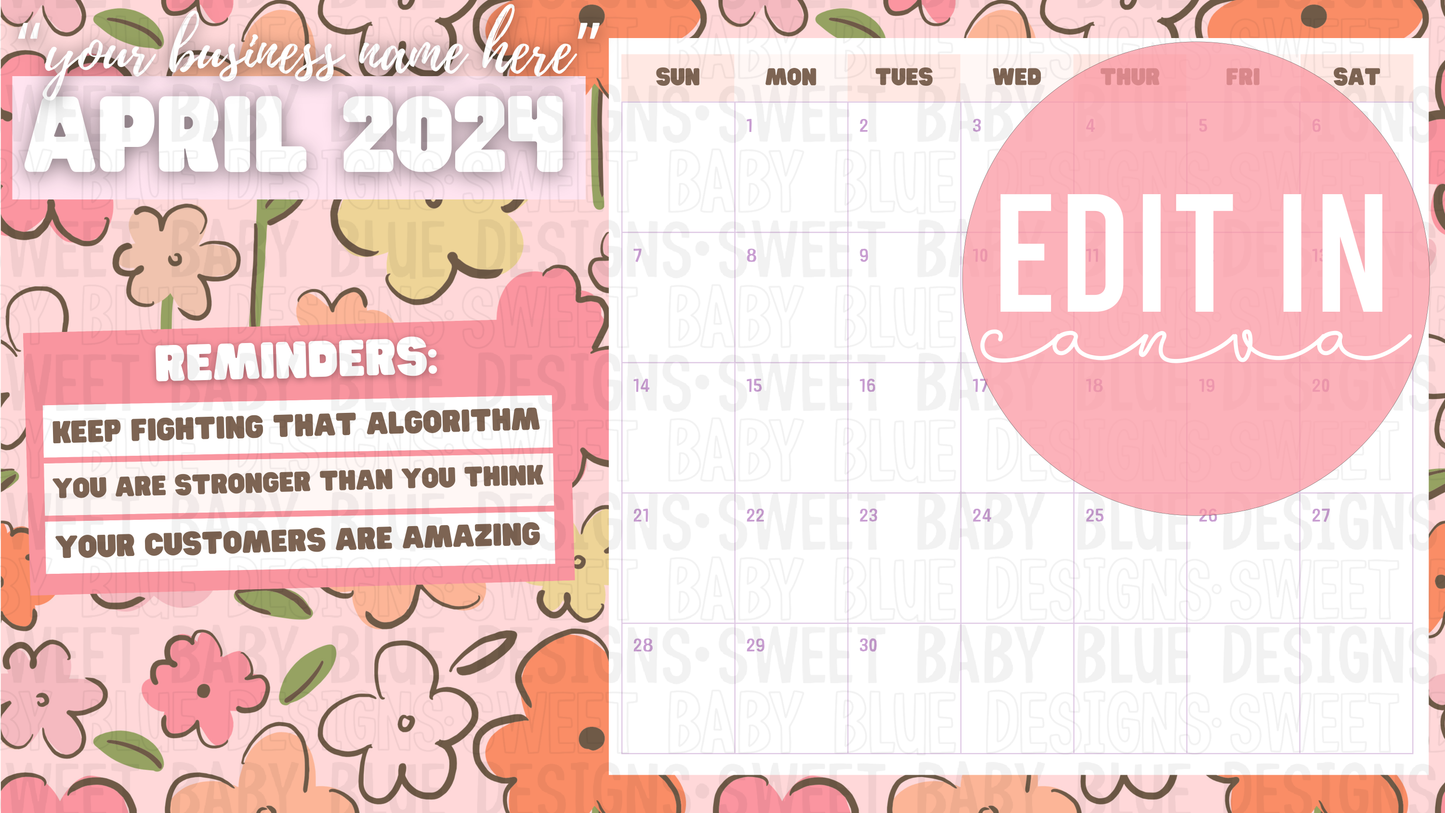 Floral calendar- Edit in canva - 2024- PNG file- Digital Download
