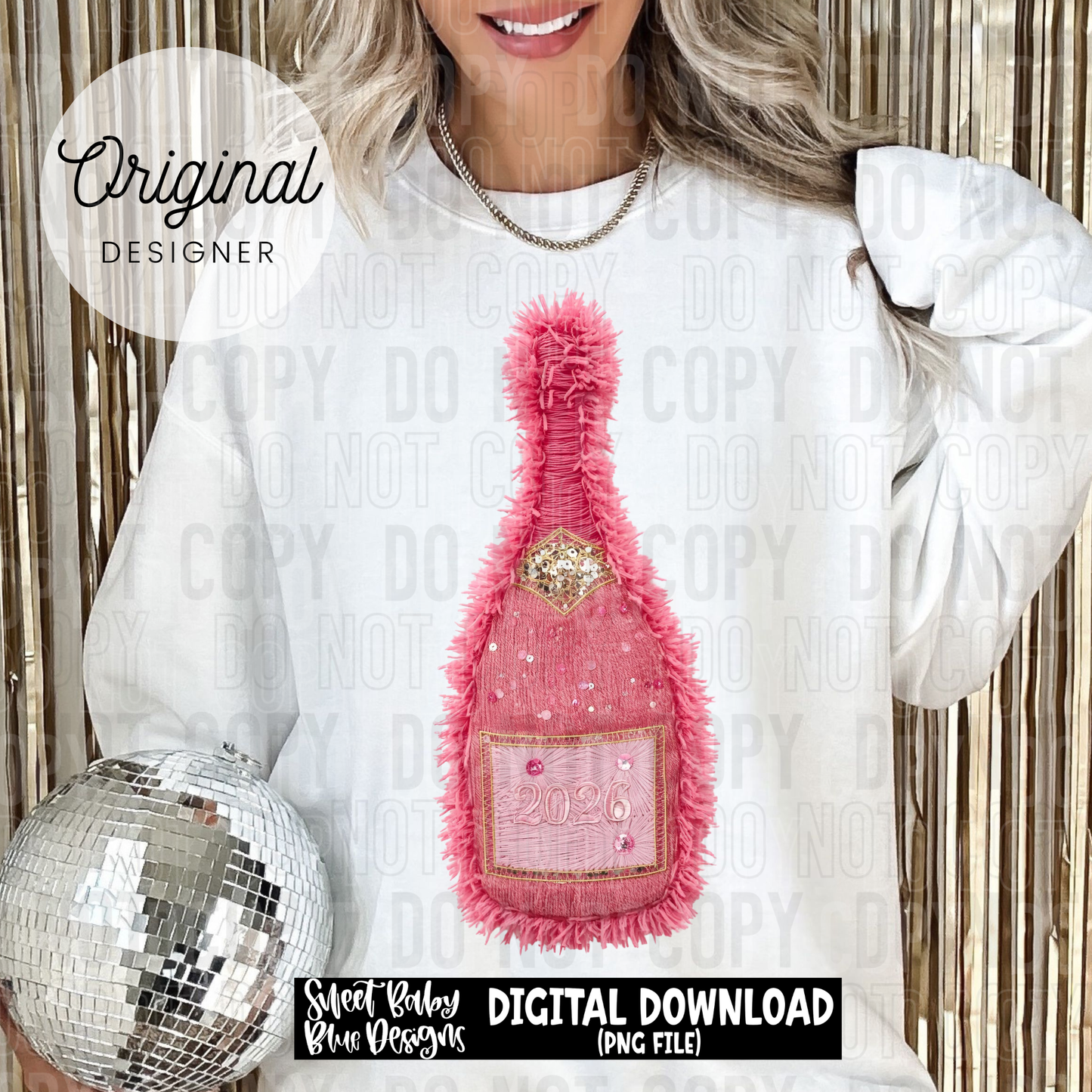 New Year Bottle Pink faux yarn sequins - 2025 - PNG file- Digital Download