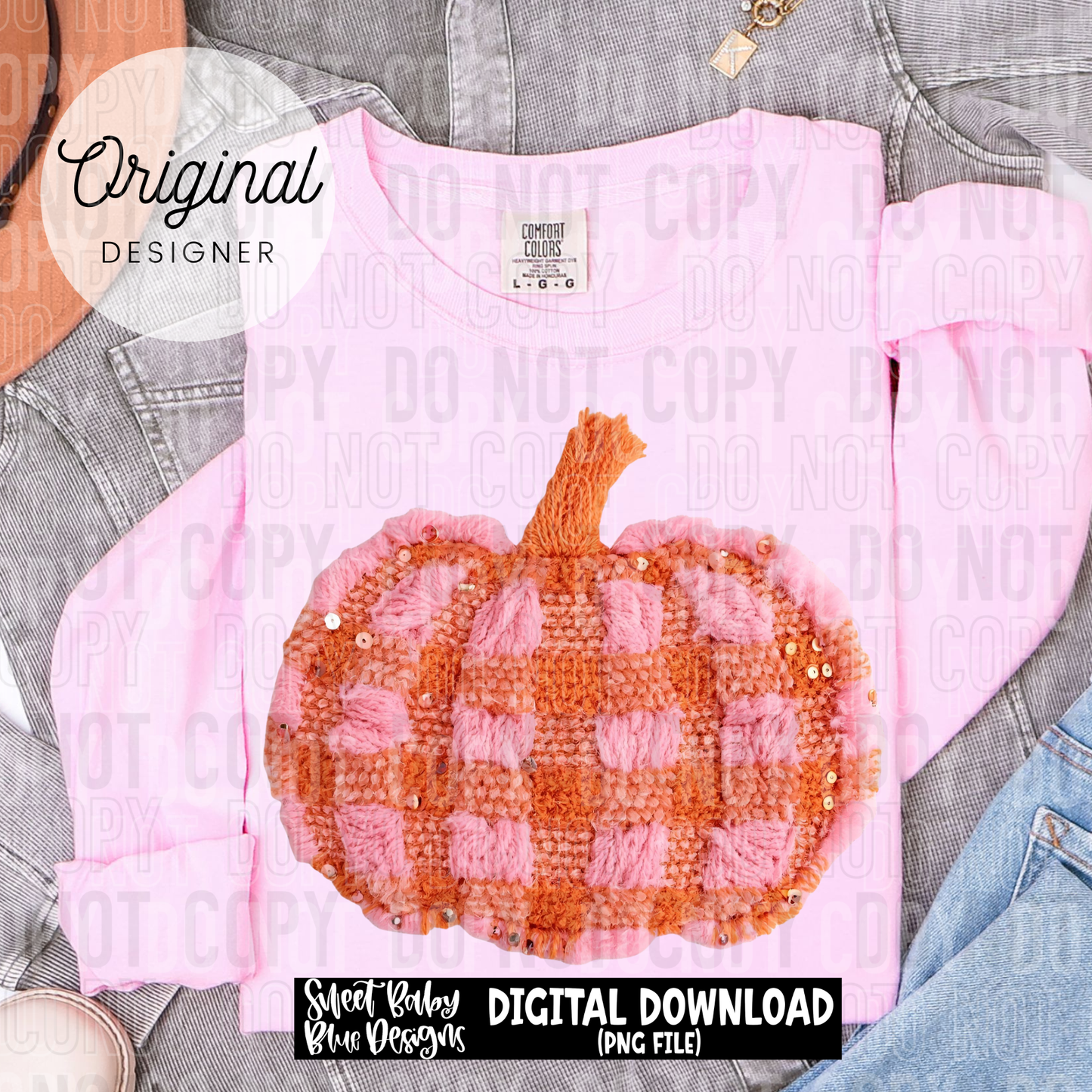 Fall pumpkin pink and orange plaid- faux yarn sequins - 2025 - PNG file- Digital Download