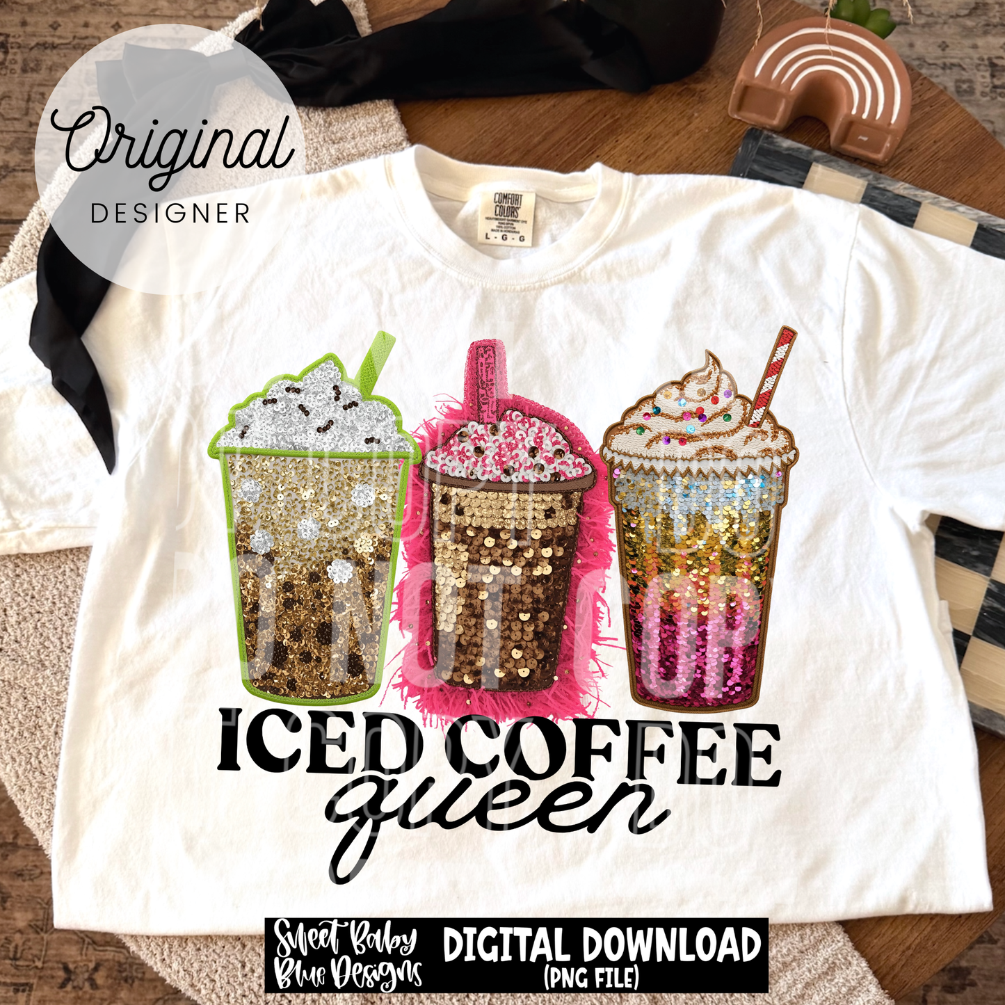 Iced coffee queen - Faux Sequin- 2025 - PNG file- Digital Download