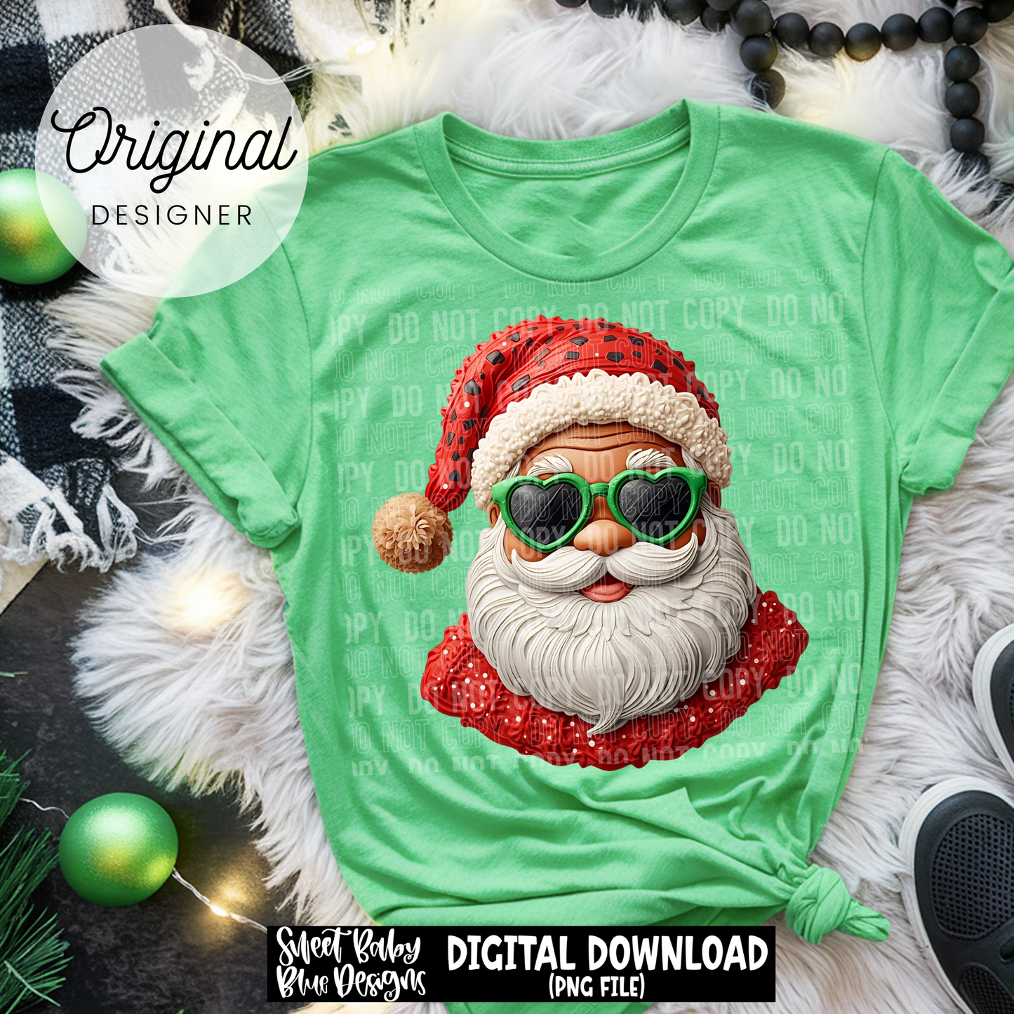 Santa- Green glasses- Faux detailed- Christmas - 2025 - PNG file- Digital Download