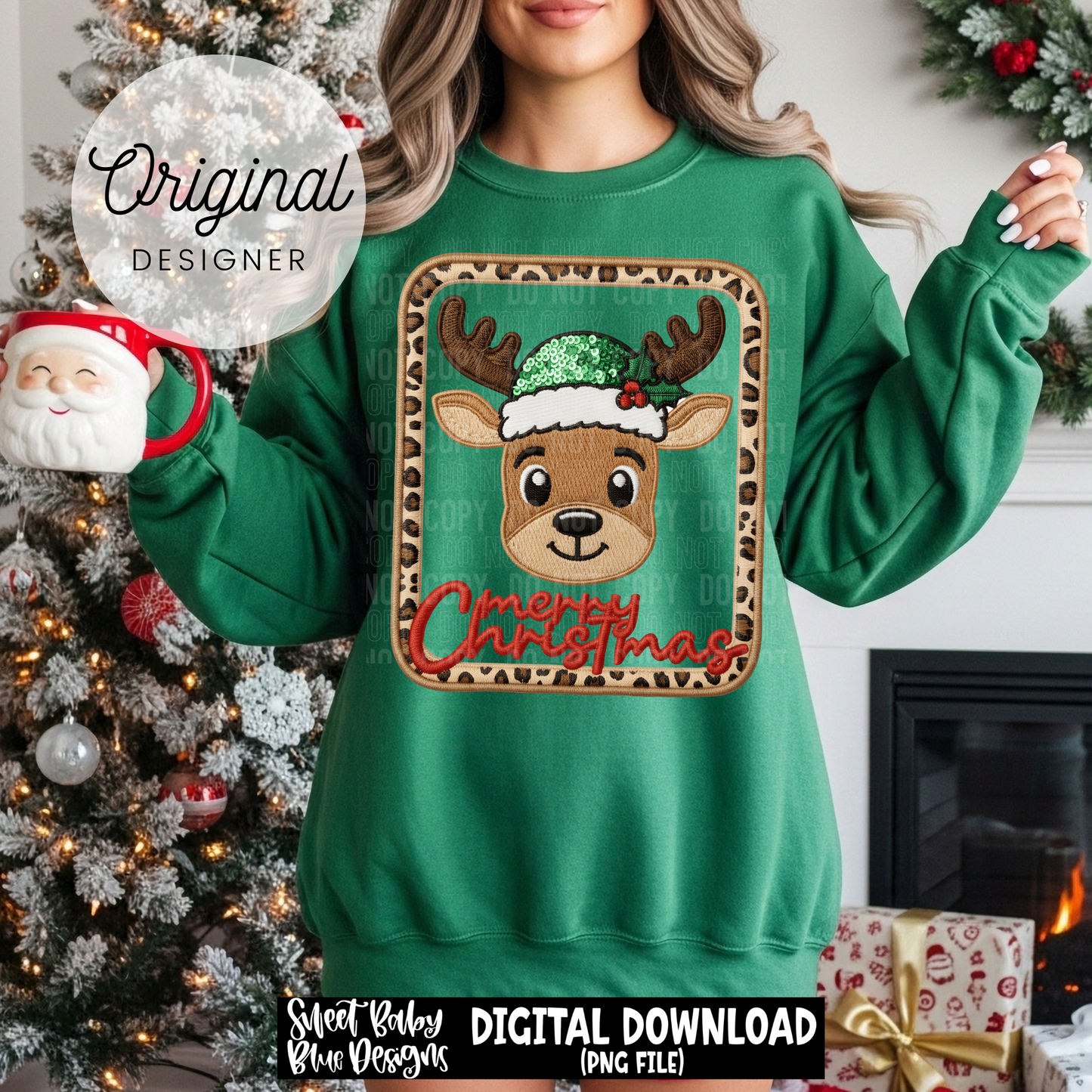 Merry Christmas Reindeer - Leopard frame- Faux sequin embroidery - 2025 - PNG file- Digital Download