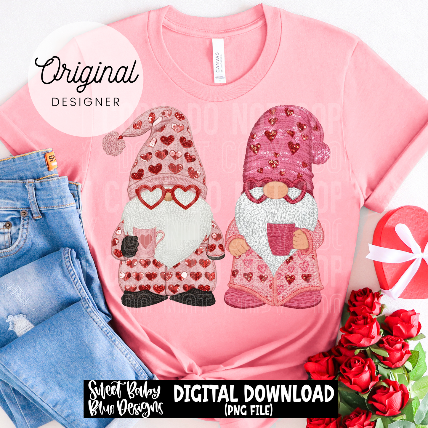 Gnomes- Valentine's Day- Faux embroidery sequin - 2025 - PNG file- Digital Download