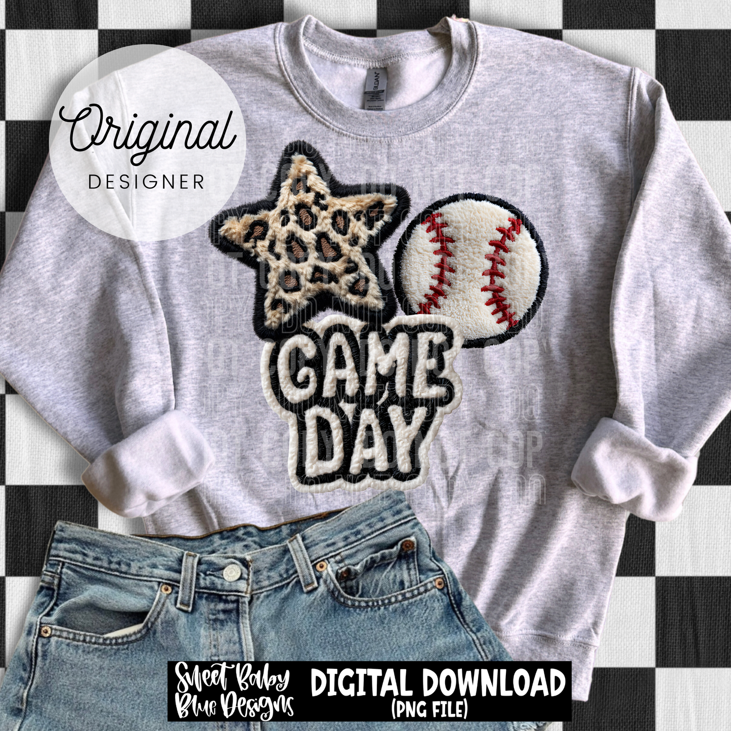 Game Day Baseball Leopard Star- Faux Embroidery - 2026 - PNG file- Digital Download