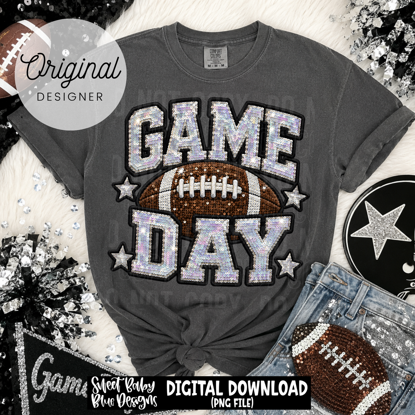 Game Day Football - Faux Sequin- Faux Embroidery - 2026 - PNG file- Digital Download