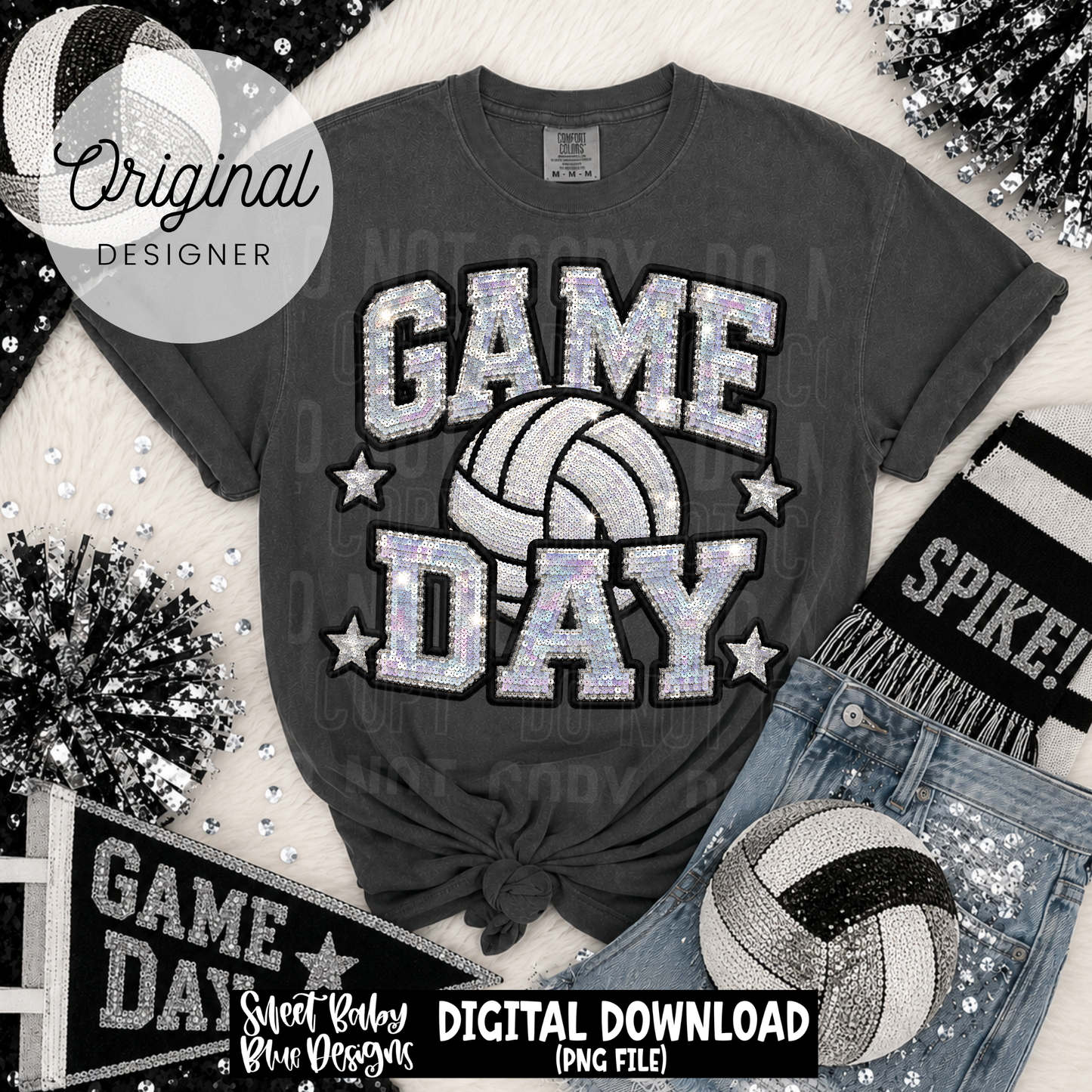 Game Day Volleyball- Faux Sequin- Faux Embroidery - 2026 - PNG file- Digital Download