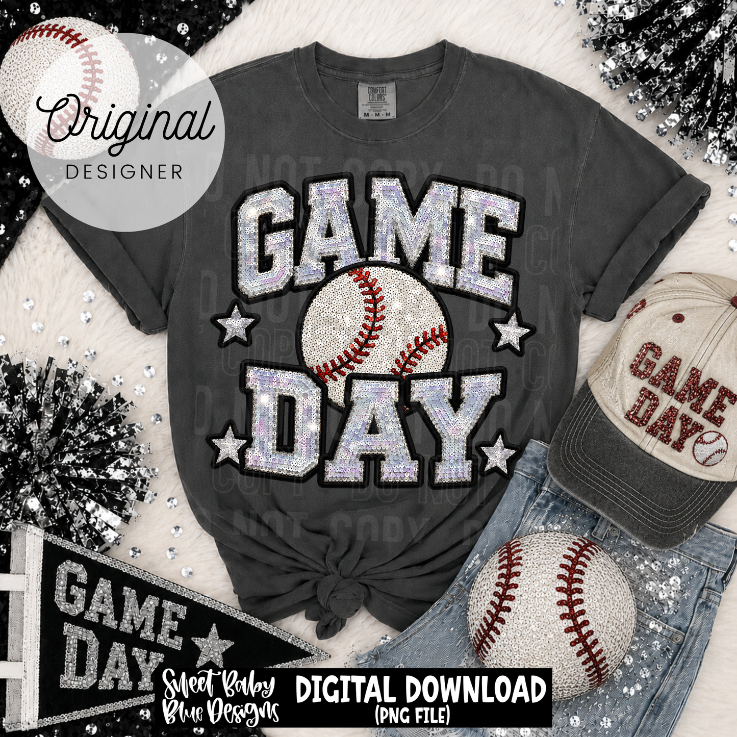 Game Day Baseball - Faux Sequin- Faux Embroidery - 2026 - PNG file- Digital Download