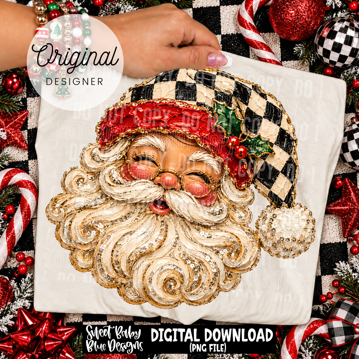 Santa Faux Painted- Checkered- Christmas - 2026 - PNG file- Digital Download