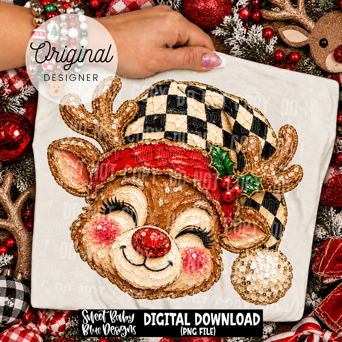 Reindeer Faux Painted- Checkered- Christmas - 2026 - PNG file- Digital Download