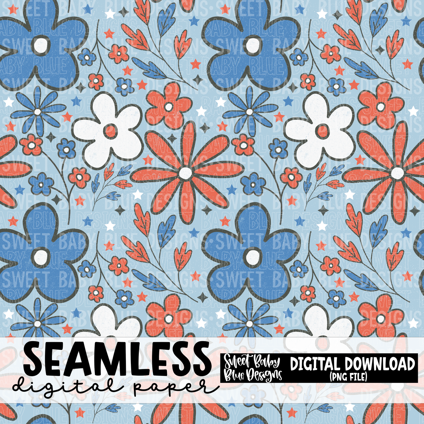 4th of July floral - Seamless - Digital paper- 2023 - PNG file- Digital Download