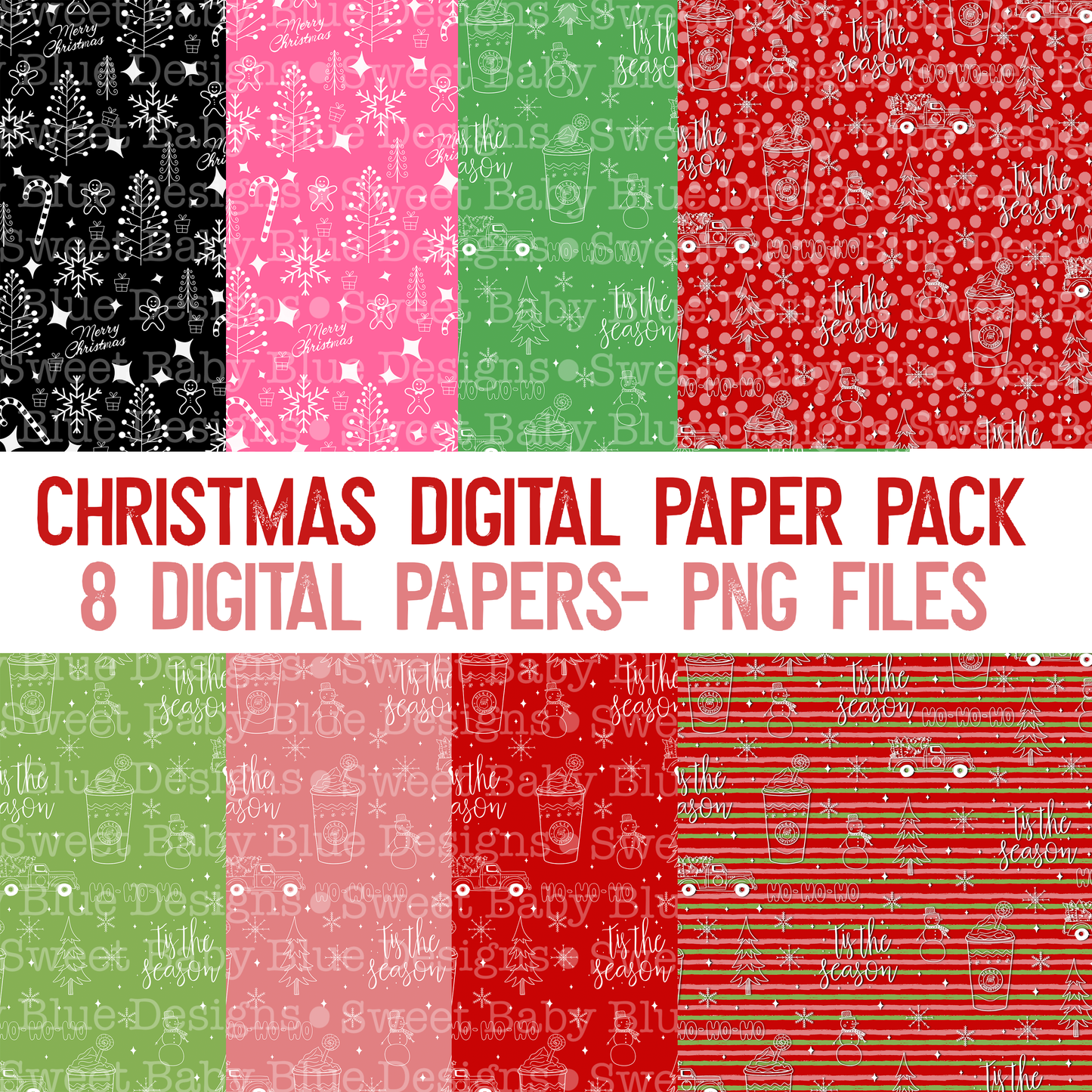 Christmas digital paper pack - 8 digital papers- PNG file- Digital Download