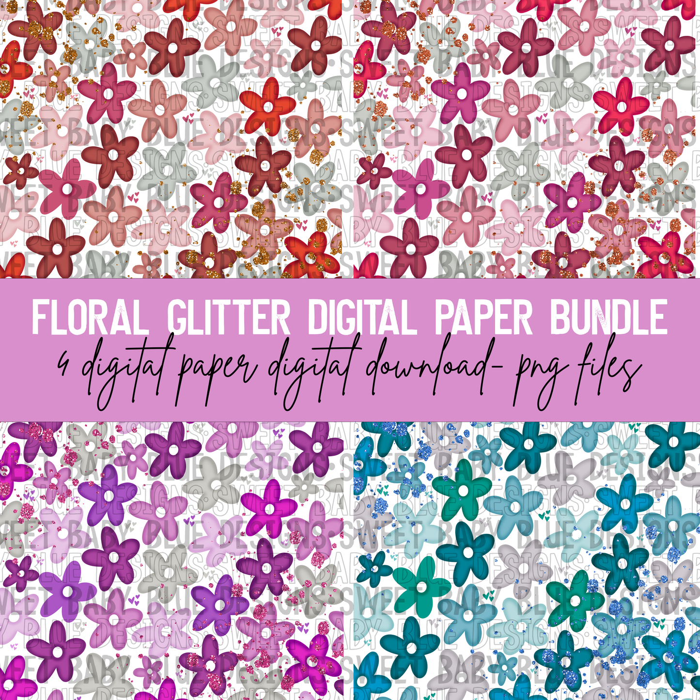 Retro floral digital paper bundle- 4 digital papers- 2022 - PNG file- Digital Download