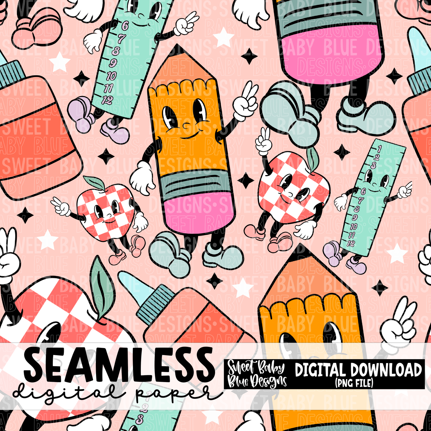 Retro school- Seamless - Digital paper- 2023 - PNG file- Digital Download