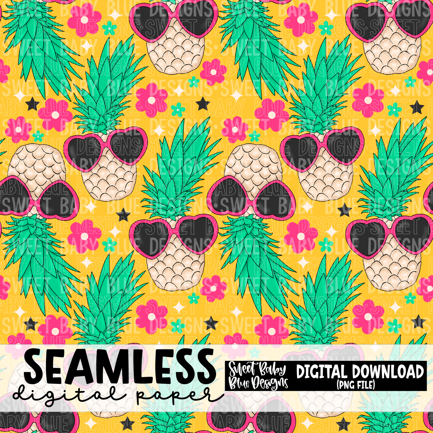 Bright Summer pineapple - Seamless - Digital paper- 2023 - PNG file- Digital Download