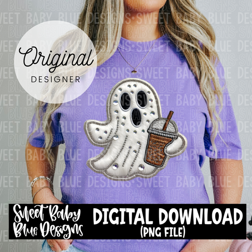 Faux embroidery rhinestone ghost coffee - Halloween - 2024- PNG file- Digital Download