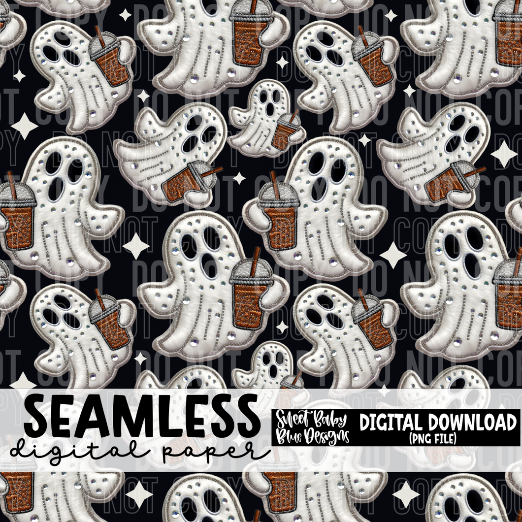 Faux embroidery ghost coffee - Halloween - Seamless - Digital paper- 2024 - PNG file- Digital Download