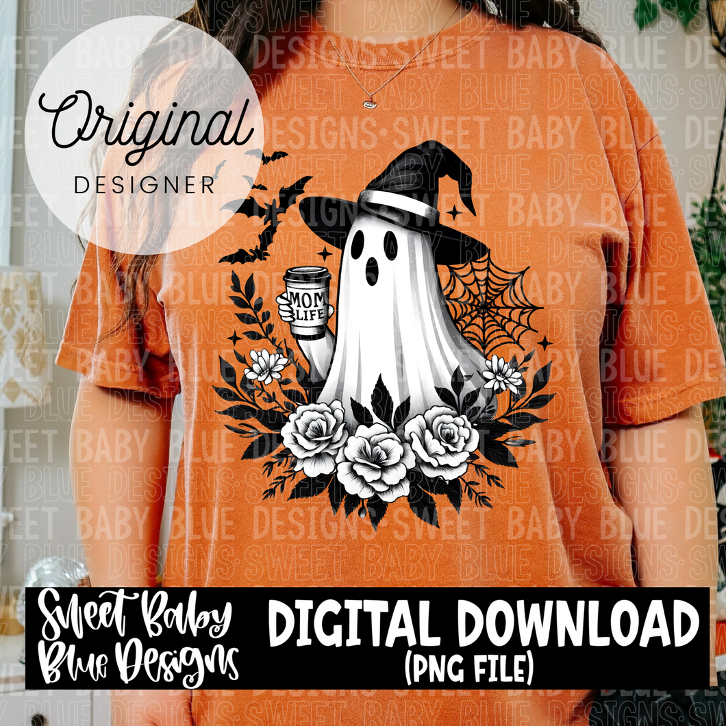 Mom life- Ghost- Black floral - Halloween - 2024- PNG file- Digital Download