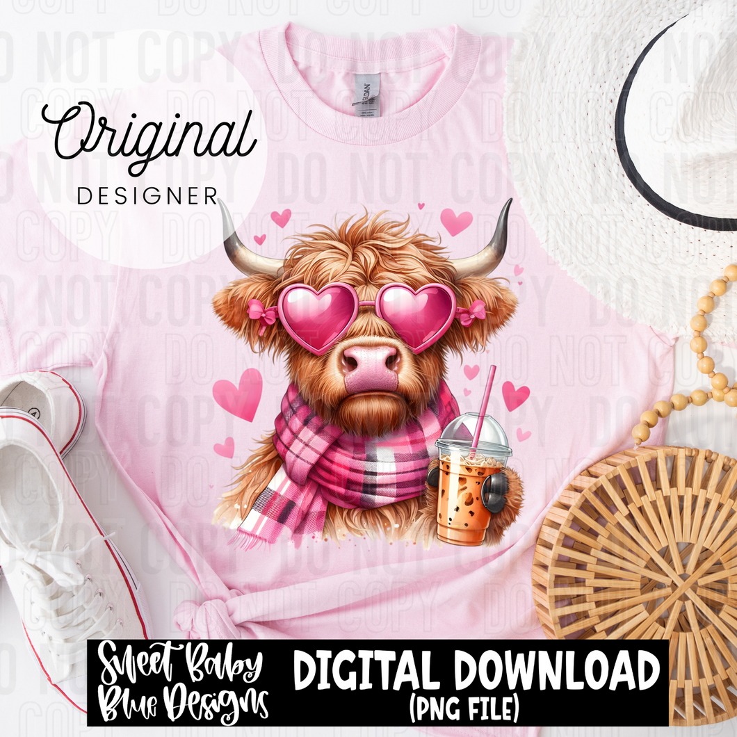 Valentine's Day Highland cow- Iced coffee-  Valentine's Day - 2024 - PNG file- Digital Download