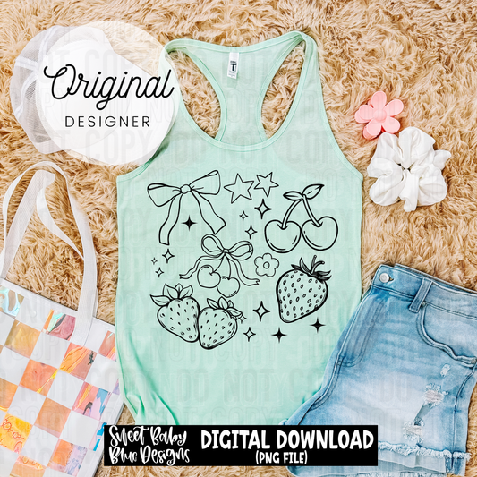 Strawberry Cherry Doodle - Includes Black and White font-  2025 - PNG file- Digital Download