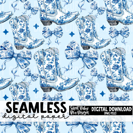 Blue coquette bow cowboy boot - Seamless - Digital paper- 2025 - PNG file- Digital Download