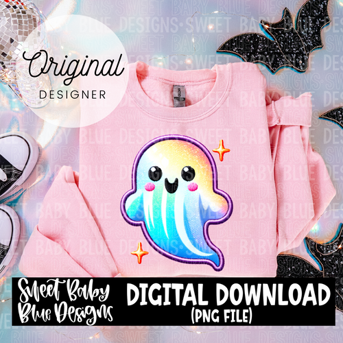 Cute faux embroidery ghost colorful - Halloween - 2024 - PNG file- Digital Download