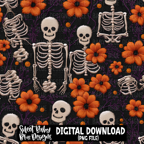 Halloween skeleton embroidered look- Digital paper- 2023 - PNG file- Digital Download