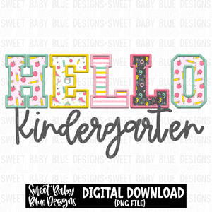 Hello kindergarten - Faux embroidery - School- 2023 -PNG file- Digital Download