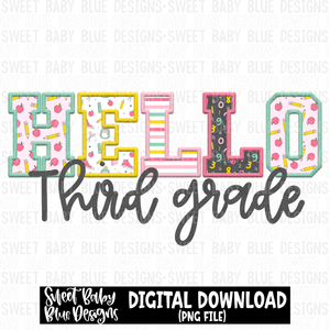 Hello third grade- Faux embroidery - School- 2023 -PNG file- Digital Download