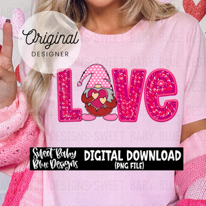 Love- gnome- Valentine's Day- Faux embroidery sequin look - 2023- PNG file- Digital Download