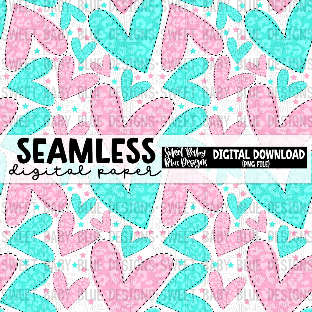 Hearts- Pink and Blue - Valentine's Day - Seamless - Digital paper- 2024 - PNG file- Digital Download