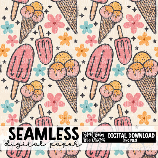 Retro Summer ice cream- Seamless - Digital paper- 2023 - PNG file- Digital Download