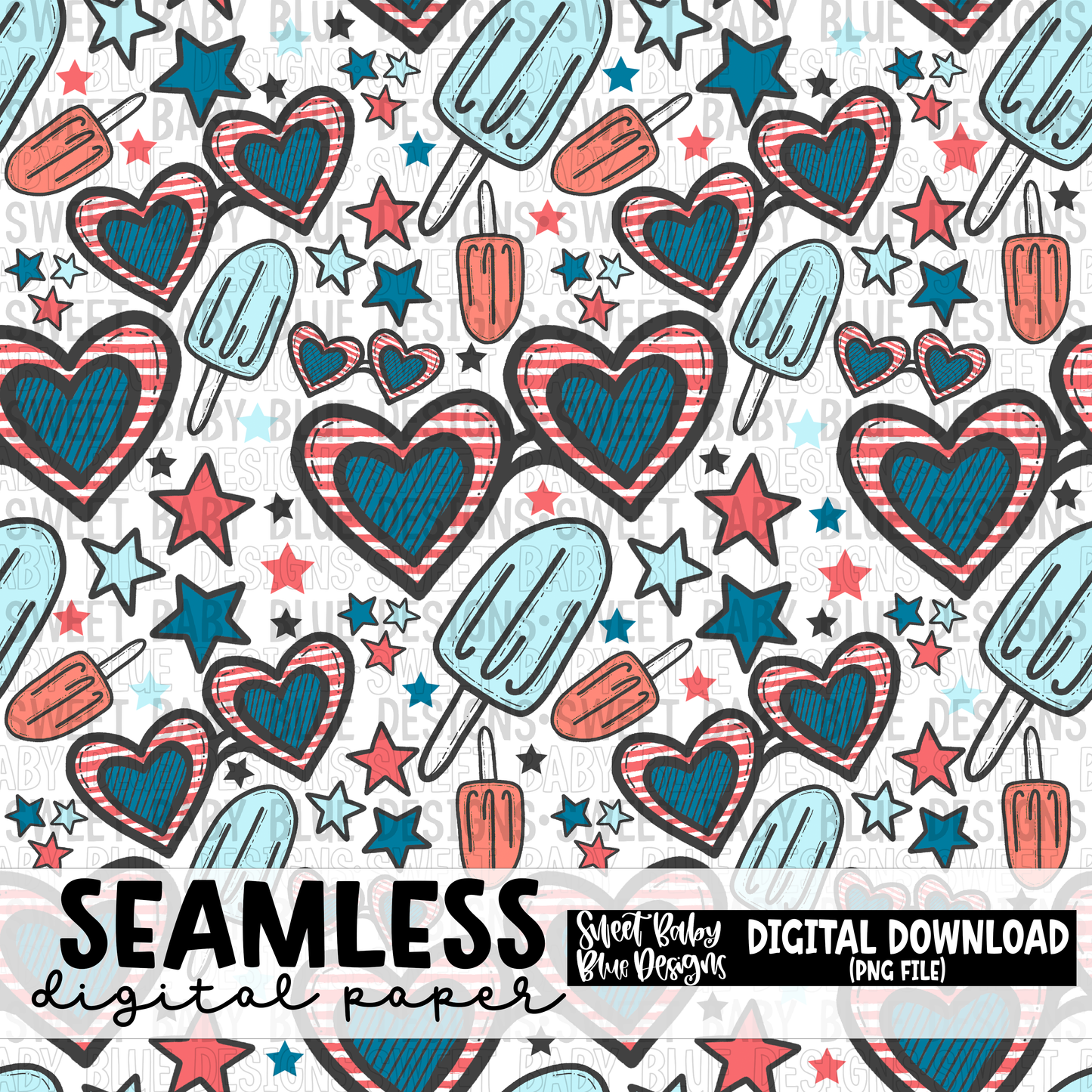 Sunglasses and popsicle patriotic- Summer- 4th of July - Seamless - Digital paper- 2023 - PNG file- Digital Download