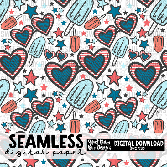 Sunglasses and popsicle patriotic- Summer- 4th of July - Seamless - Digital paper- 2023 - PNG file- Digital Download