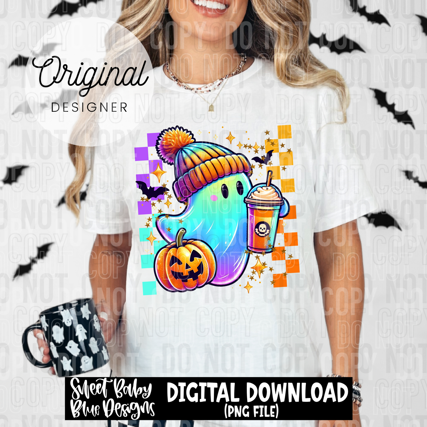 Colorful ghost checkered - Halloween - 2025 - PNG file- Digital Download