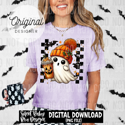 Ghost checkered coffee- Halloween - 2025 - PNG file- Digital Download