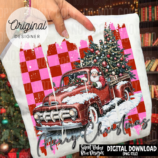 Merry Christmas- Checkered Santa truck brush stroke - 2025 - PNG file- Digital Download