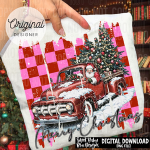 Merry Christmas- Checkered Santa truck brush stroke - 2025 - PNG file- Digital Download