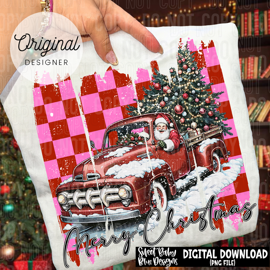 Merry Christmas- Checkered Santa truck brush stroke - 2025 - PNG file- Digital Download