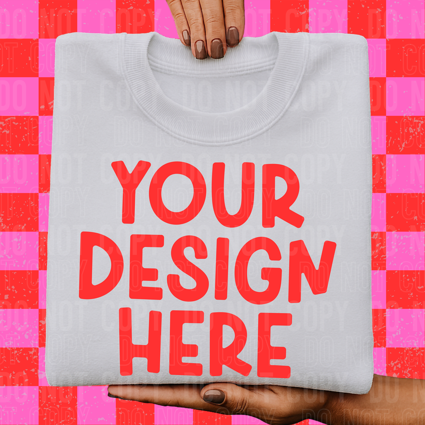 White sweatshirt mockup- Red & Pink checkered - 2025 - PNG file- Digital Download