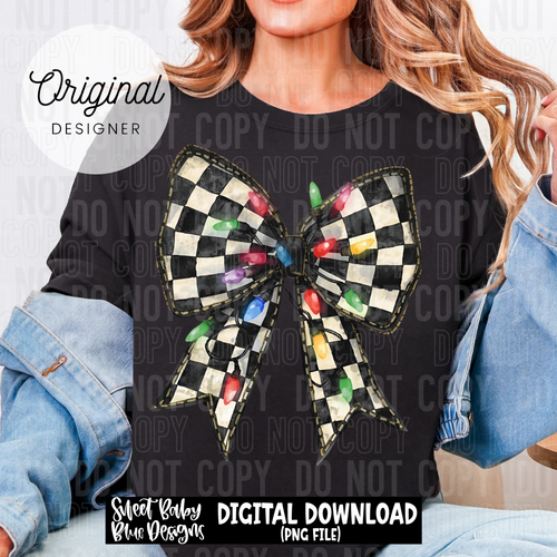 Checkered Christmas light bow- Christmas - 2025 - PNG file- Digital Download