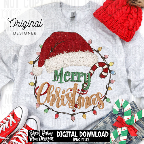 Merry Christmas faux embroidery hat lights- Christmas- 2025 - PNG file- Digital Download