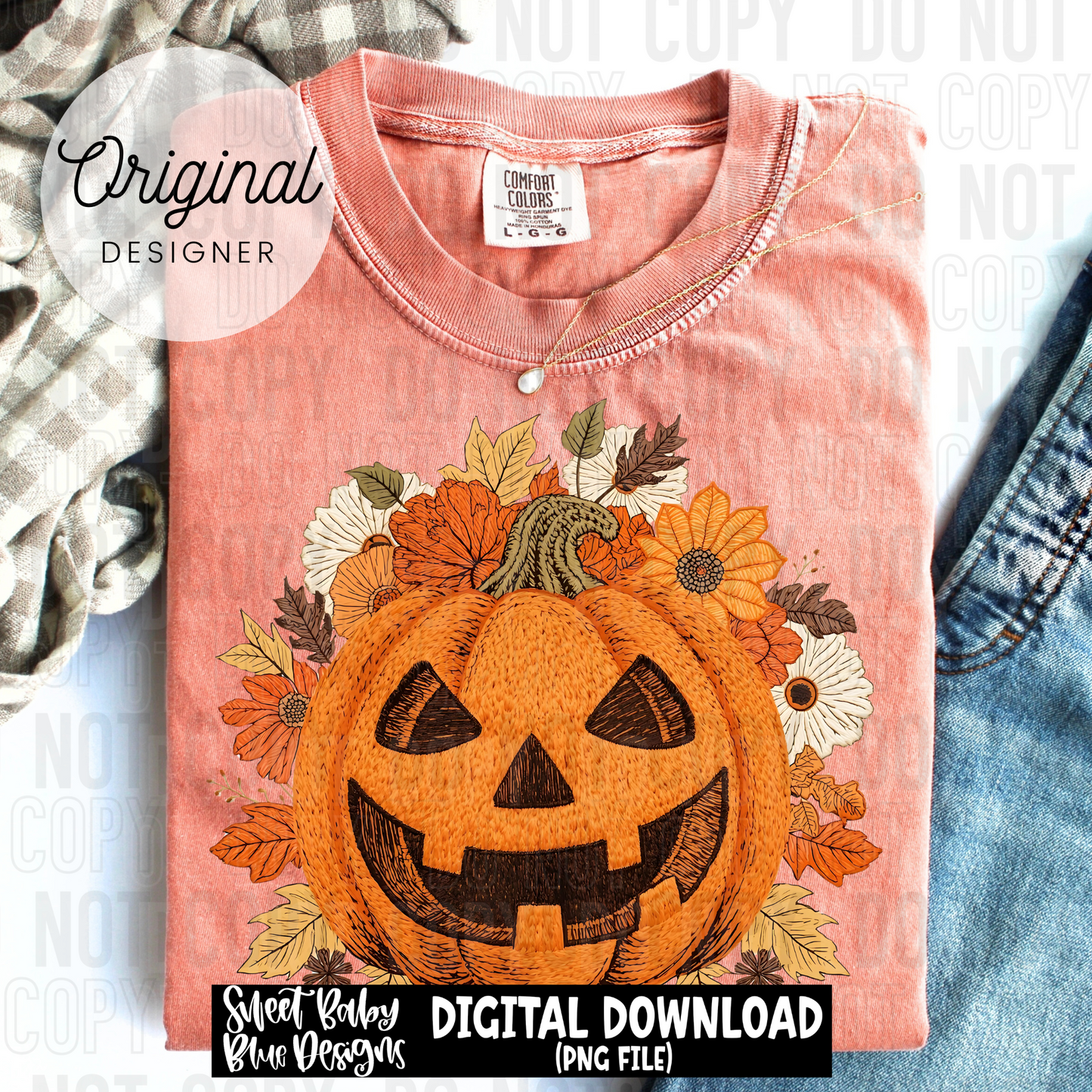Faux embroidery Jack O Lantern floral - 2025 - PNG file- Digital Download