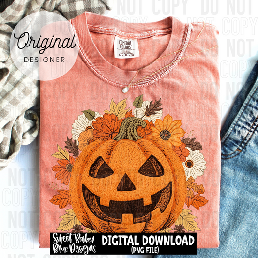 Faux embroidery Jack O Lantern floral - 2025 - PNG file- Digital Download