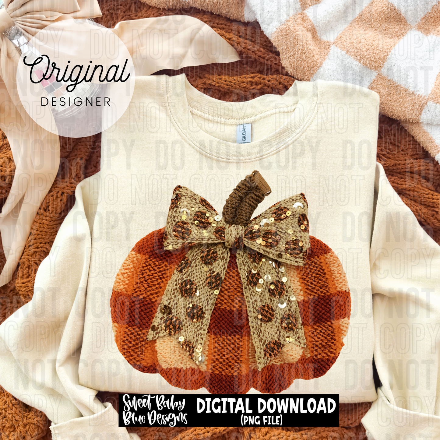 Fall plaid pumpkin bow faux yarn sequins - 2025 - PNG file- Digital Download