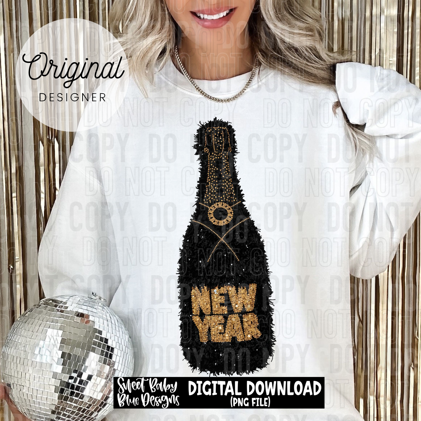 New Year Bottle Black faux yarn sequins - 2025 - PNG file- Digital Download