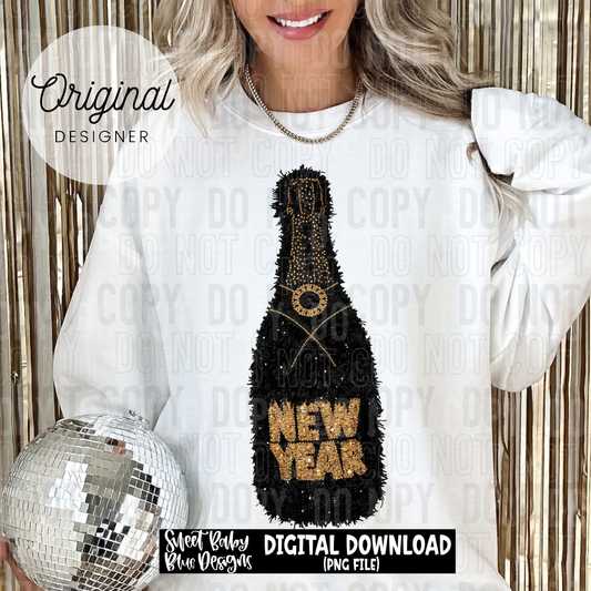 New Year Bottle Black faux yarn sequins - 2025 - PNG file- Digital Download