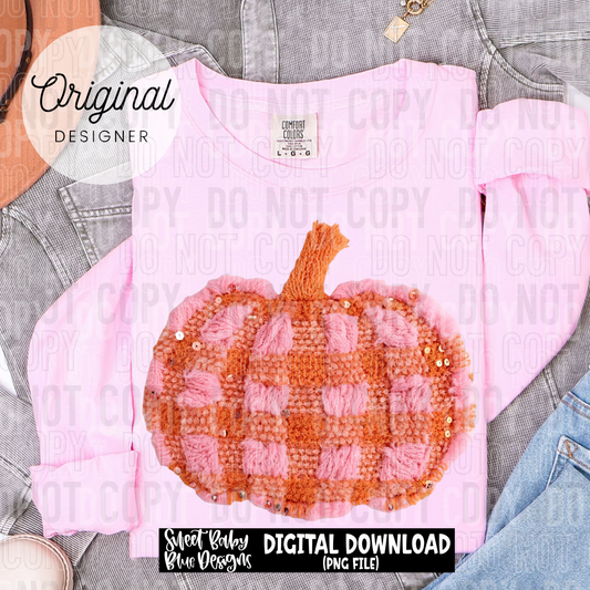 Fall pumpkin pink and orange plaid- faux yarn sequins - 2025 - PNG file- Digital Download