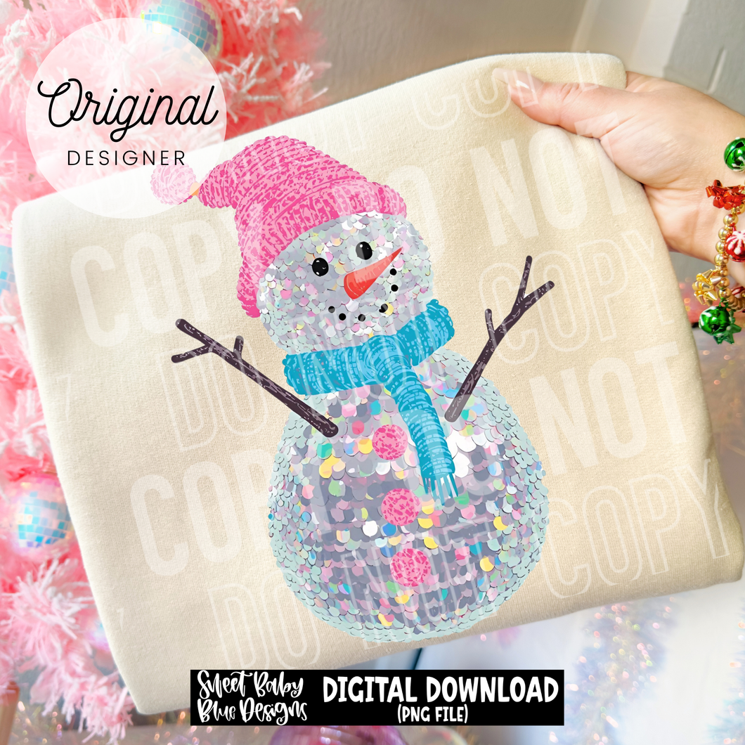 Snowman- Pink hat- Faux sequins - 2025 - PNG file- Digital Download