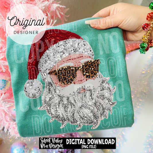 Santa- Leopard glasses- Faux sequins - 2025 - PNG file- Digital Download